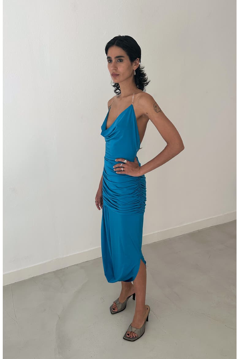Romy Draped Midi Halterneck Dress, Alternate, color, Bright Blue