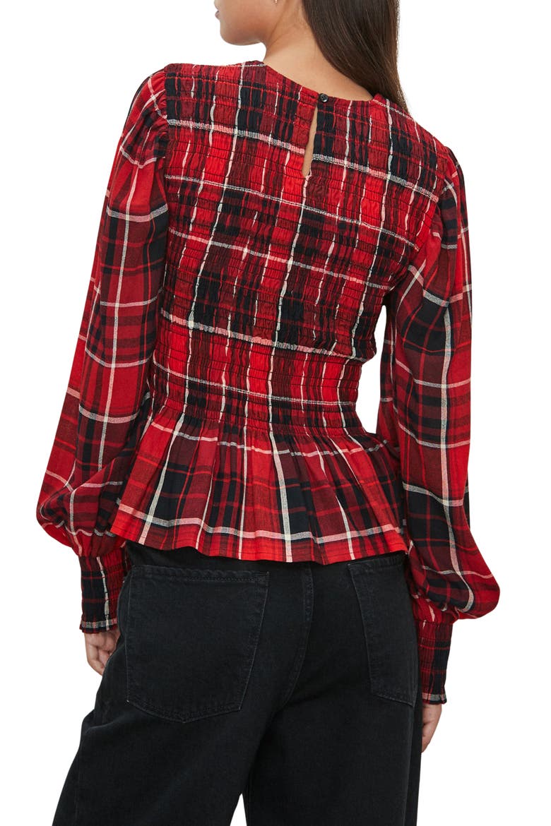 Plaid Smocked Peplum Cotton Blend Top, Alternate, color, RED