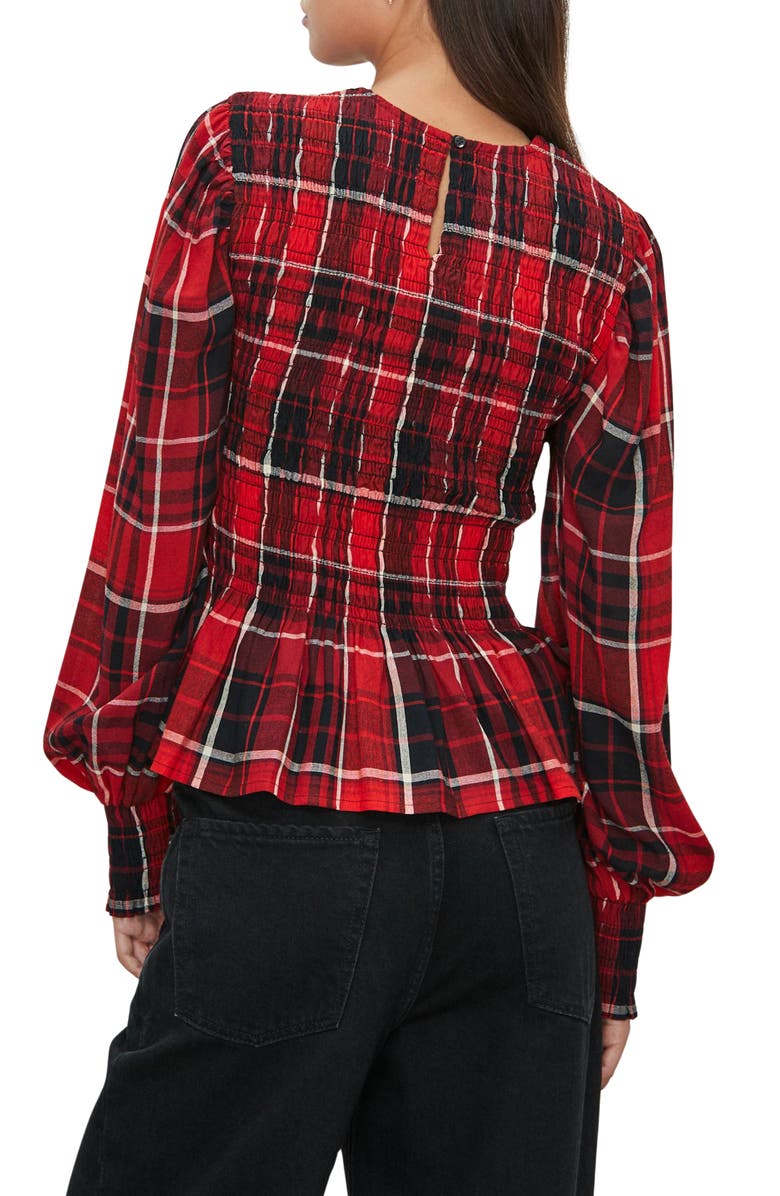NEXT Plaid Smocked Peplum Cotton Blend Top, Alternate, color, Red