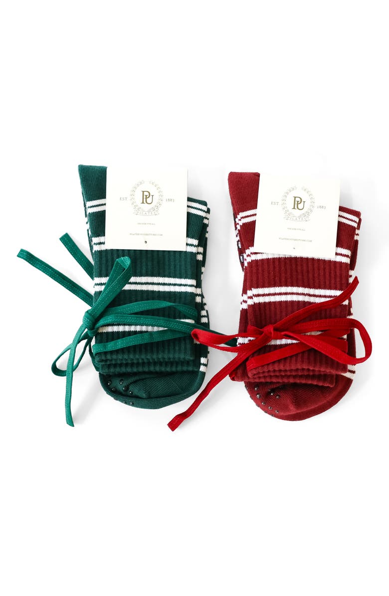 Pilates University 1883 Assorted 2-Pack Sporty Ballerina Nonslip Grip Crew Socks, Alternate, color, Hunter Green/ Burgundy