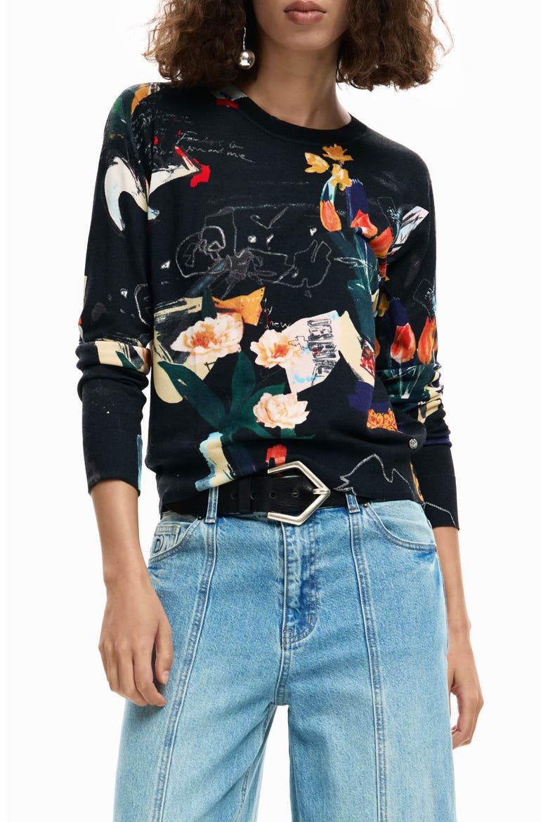 Floral Fine Gauge Crewneck Sweater, Main, color, BLACK