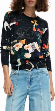 Desigual Floral Fine Gauge Crewneck Sweater