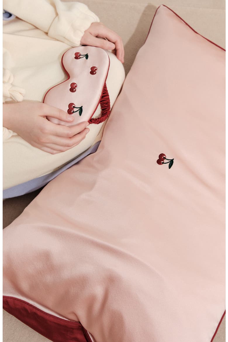 Embroidered Satin Pillowcase & Sleep Mask Set, Alternate, color, PINK CHERRIES