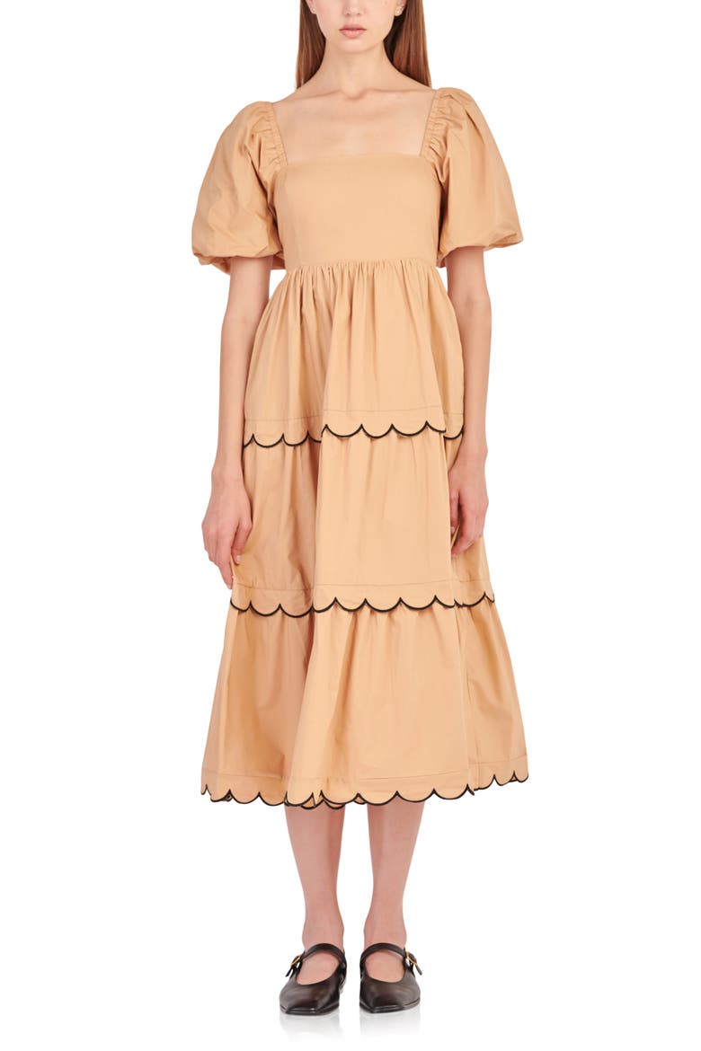 Puff Sleeve Scallop Trim Cotton Midi Dress, Main, color, TAN/ BLACK