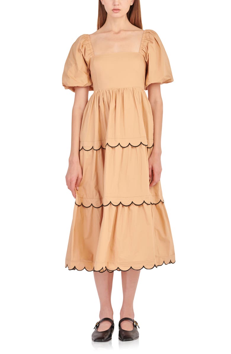 English Factory Puff Sleeve Scallop Trim Cotton Midi Dress, Main, color, Tan/ Black