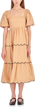 English Factory Puff Sleeve Scallop Trim Cotton Midi Dress