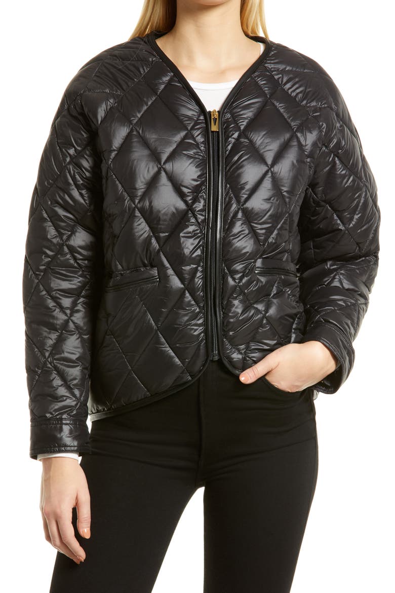 V-Neck Quilted Water Resistant Jacket, Alternate, color, BLACK