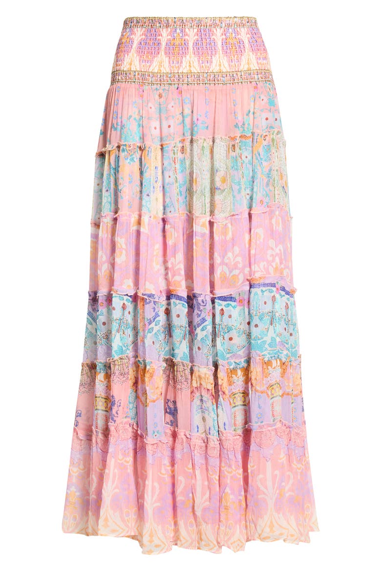 Gaudi Print Smocked Waist Tiered Silk Maxi Skirt, Main, color, HOWDY GAUDI
