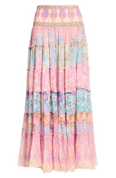 Gaudi Print Smocked Waist Tiered Silk Maxi Skirt