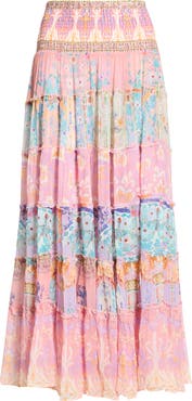 Camilla Gaudi Print Smocked Waist Tiered Silk Maxi Skirt
