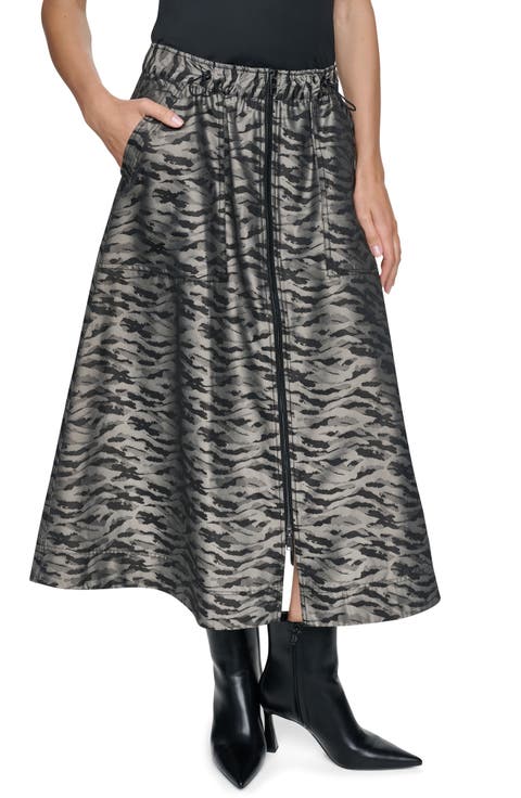Front Zip Jacquard Midi Skirt