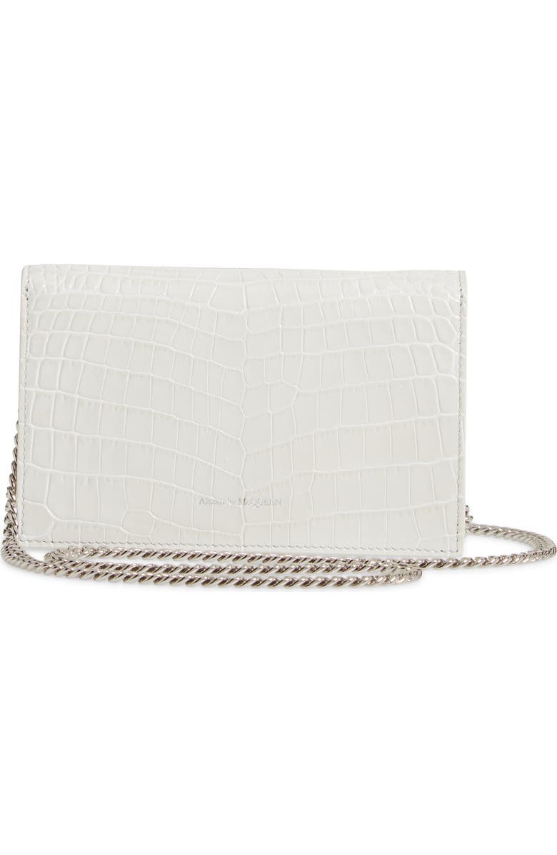 McQueen Alexander McQueen Mini Skull Croc Embossed Leather Shoulder Bag, Alternate, color, New Bone