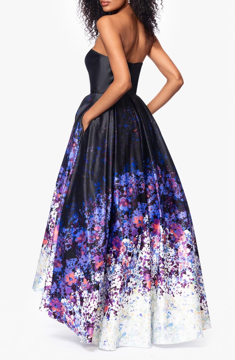 Betsy & Adam Ombré Floral Strapless High Low Ball Gown, Alternate, color, Black/ Floral