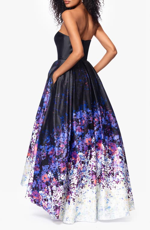 BETSY & ADAM BETSY & ADAM OMBRÉ FLORAL STRAPLESS HIGH LOW BALL GOWN 