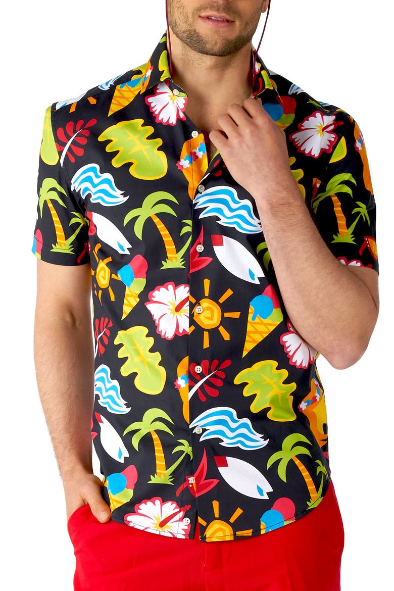 Tropical Thunder Stretch Short Sleeve Button-Up Shirt, Main, color, BLACK