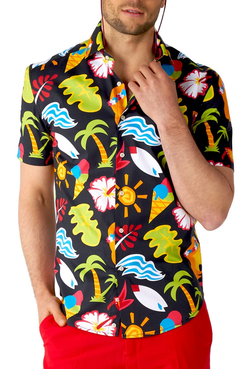 OppoSuits Tropical Thunder Stretch Short Sleeve Button-Up Shirt, Main, color, Black