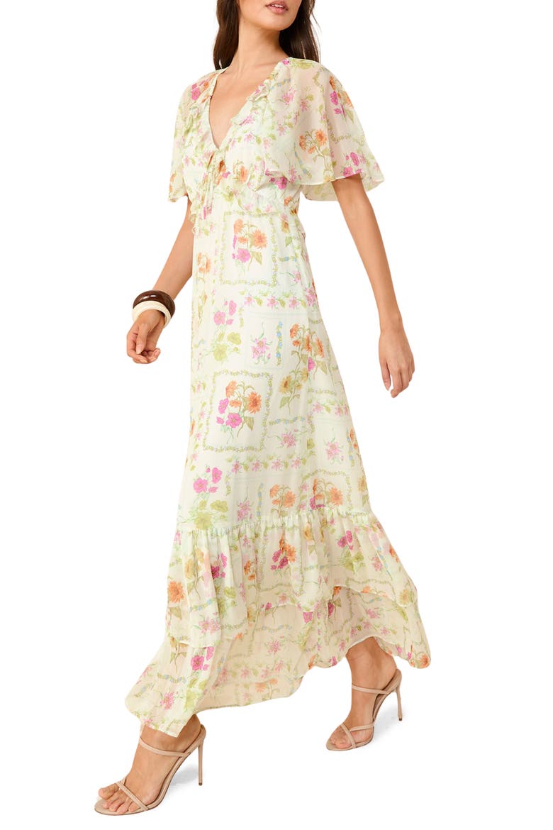 Print Ruffle Tiered Chiffon Maxi Dress, Main, color, CREAM