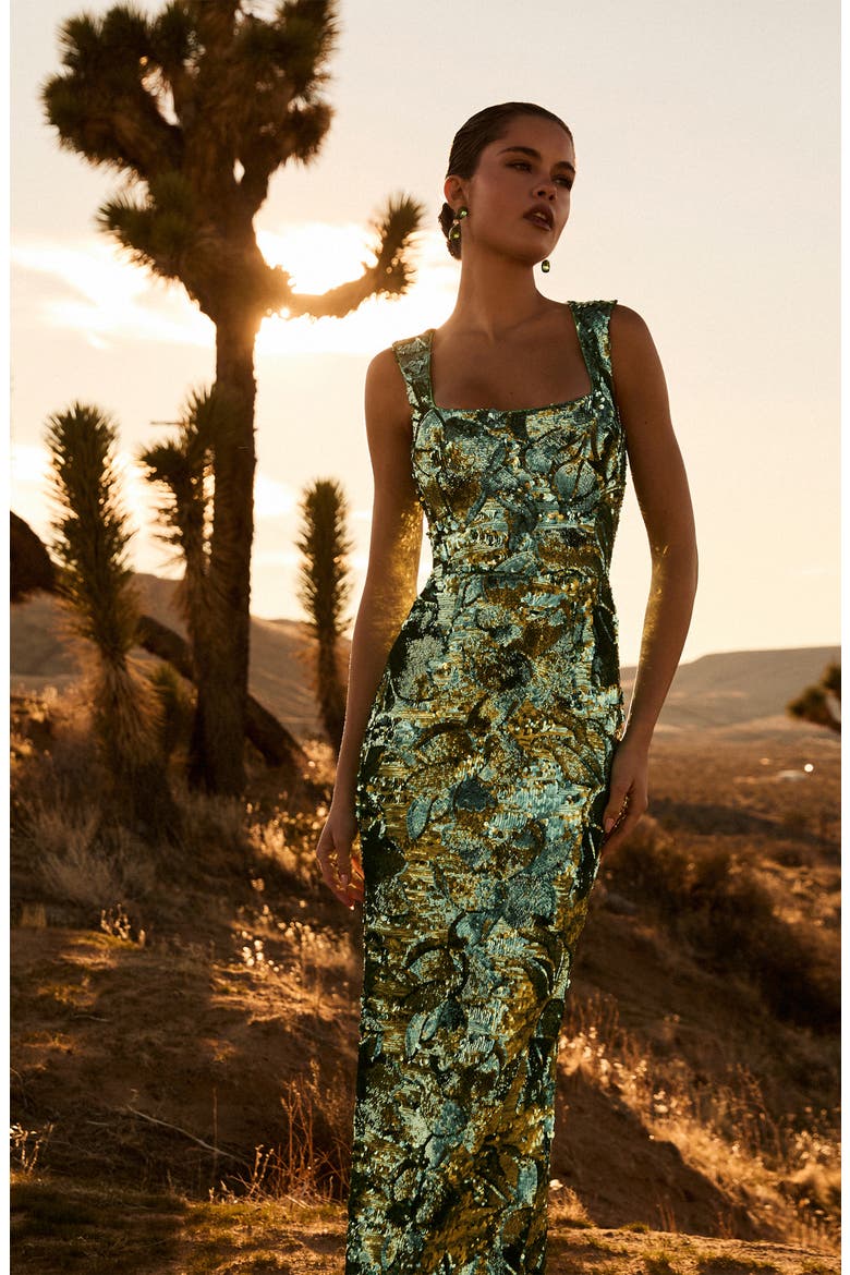 Iris Floral Sequin Gown, Alternate, color, TEAL