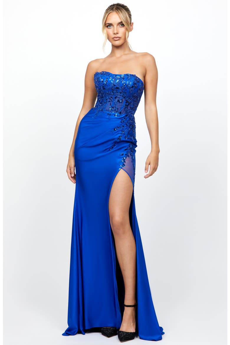 Madeleine Strapless High Split Gown, Alternate, color, COBALT