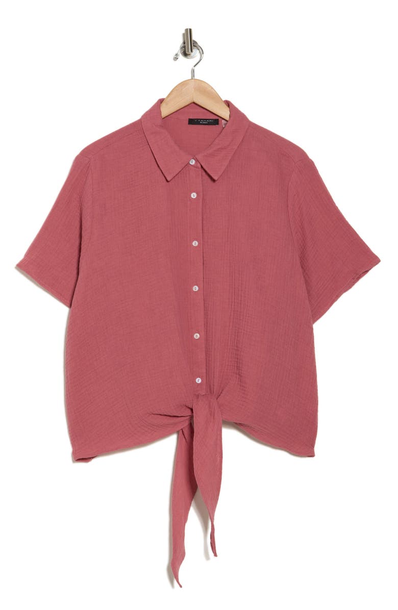 T Tahari Short Sleeve Gauze Tie Camp Shirt, Alternate, color, Sunset Rose