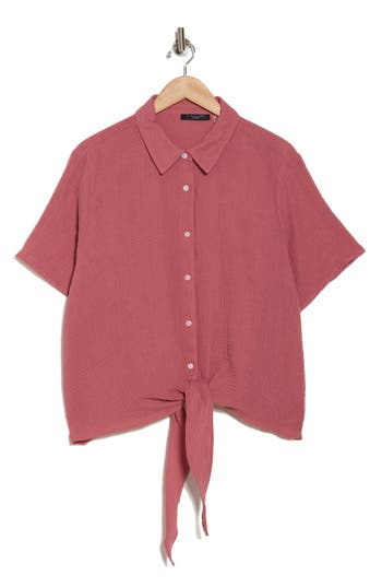 T Tahari Short Sleeve Gauze Tie Camp Shirt In Sunset Rose