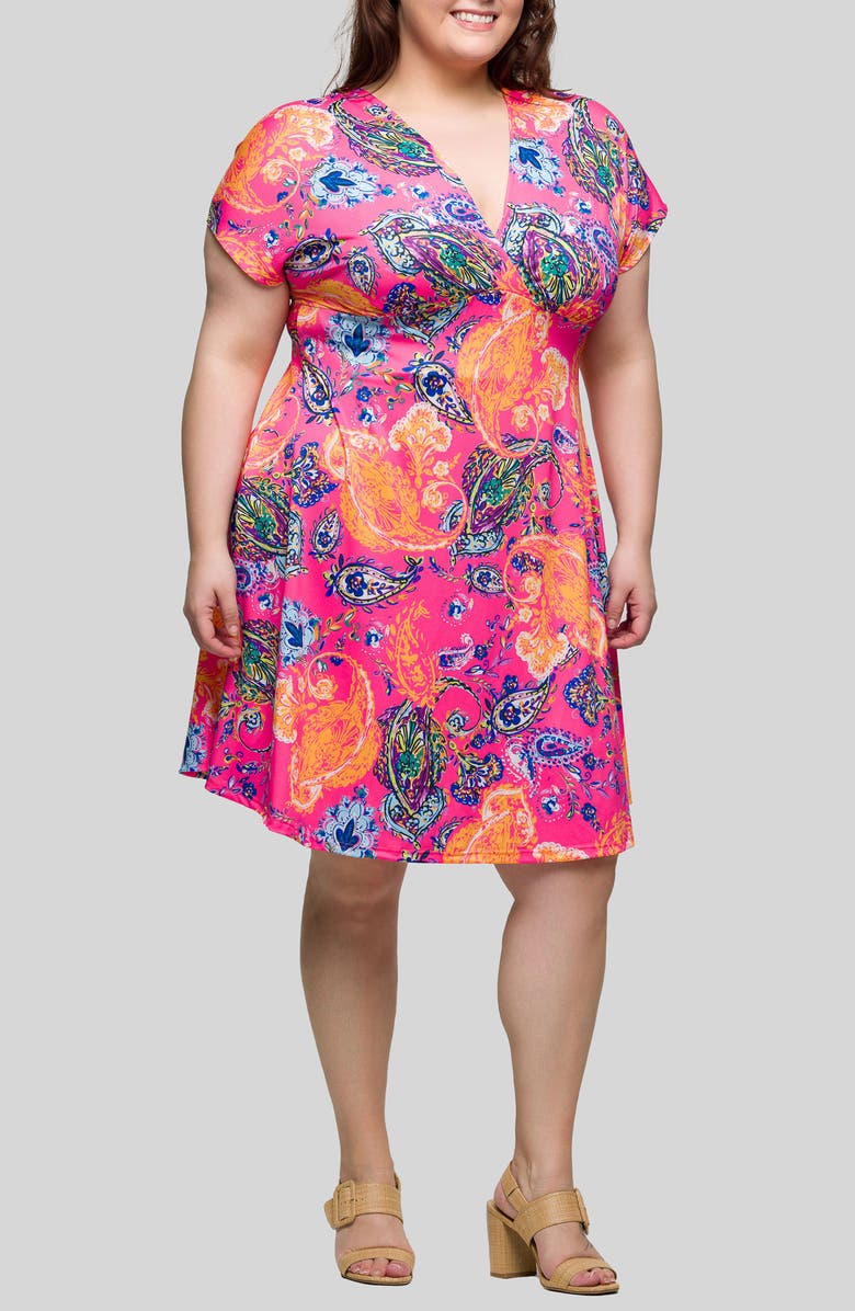 24seven Comfort Apparel Print Surplice V-Neck Dress, Alternate, color, Pink Multi