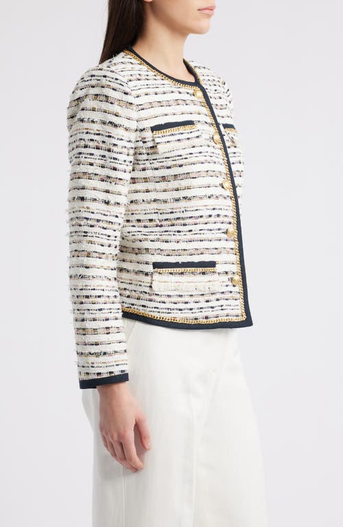 Kobi Halperin Kiera Chain-trim Fringed Tweed Jacket In Ivory/navy Multi