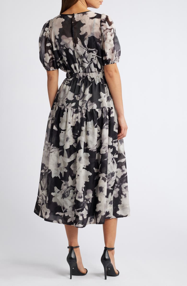 Anne Klein Floral Tiered Puff Sleeve Midi Dress, Alternate, color, Anne Black Multi