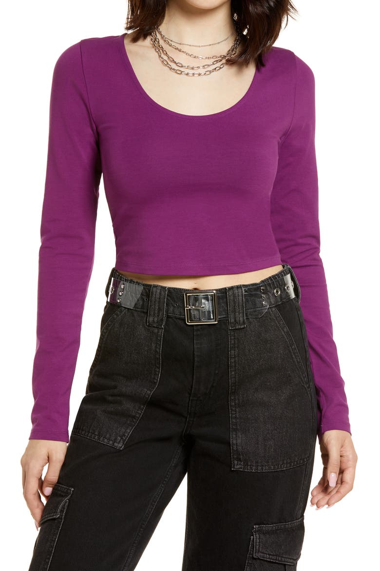 Crop Long Sleeve Scoop Neck T-Shirt, Main, color, PURPLE PHLOX