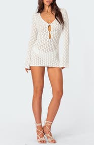 EDIKTED Brie Open Stitch Long Sleeve Mini Sweater Dress