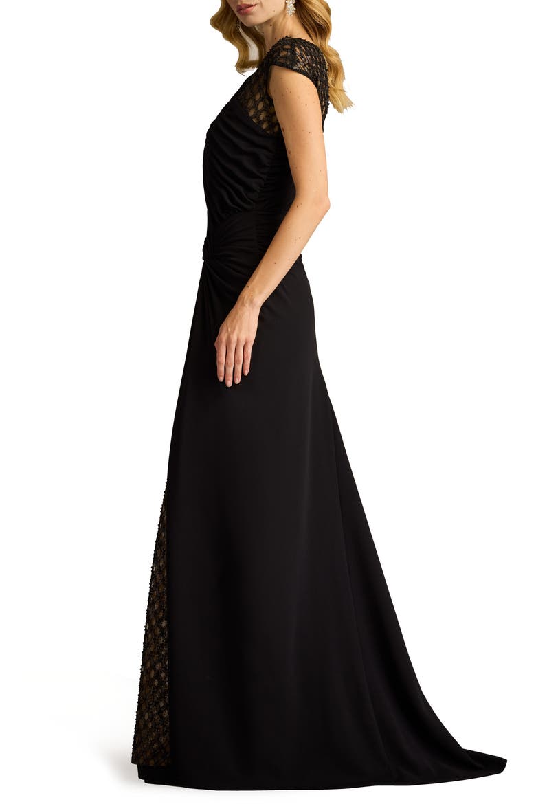 Mixed Media Cap Sleeve Crepe Gown, Alternate, color, BLACK