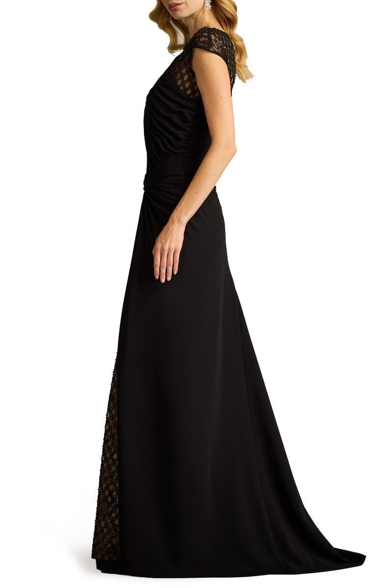 Tadashi Shoji Mixed Media Cap Sleeve Crepe Gown, Alternate, color, Black