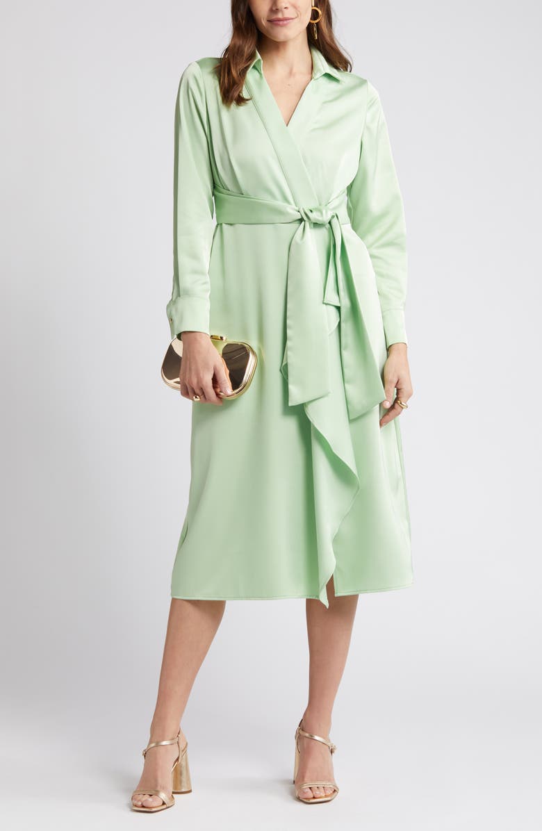 Tahari ASL Ruffle Front Long Sleeve Midi Shirtdress, Main, color, Moss