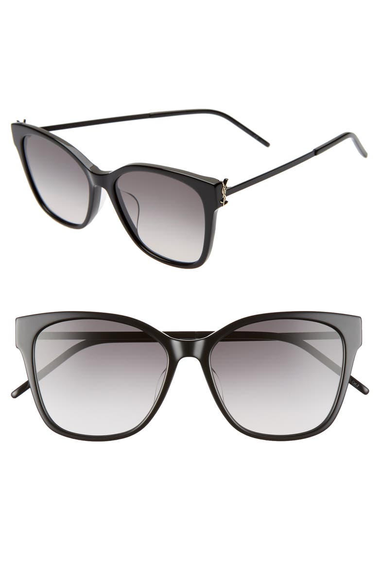 Saint Laurent 56mm Rectangular Sunglasses, Alternate, color, Shiny Black/ Smoke Gradient