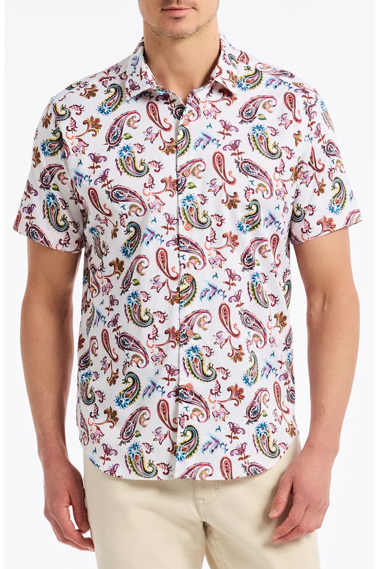 Tangier Paisley Short Sleeve Stretch Cotton Button-Up Shirt, Main, color, RED