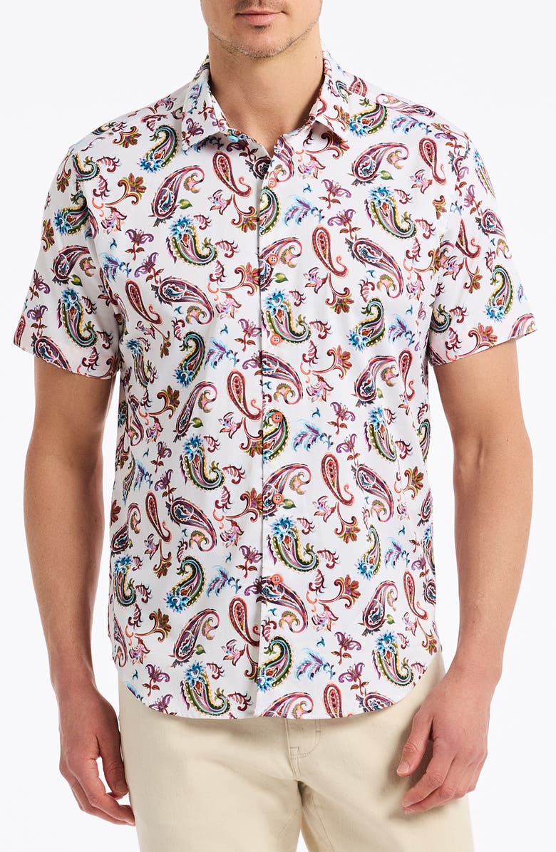 Robert Graham Tangier Paisley Short Sleeve Stretch Cotton Button-Up Shirt, Main, color, Red