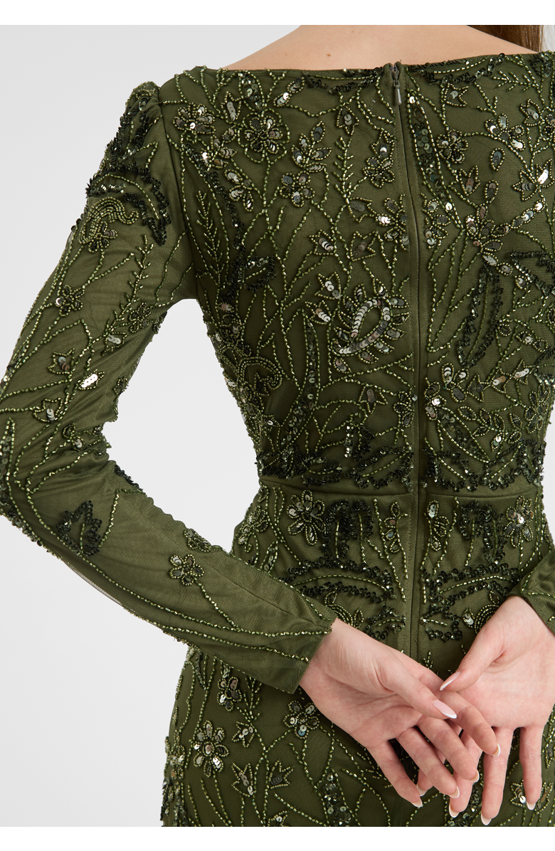 MARYISA Modest Embellished Sequin Beaded Dress Maxi With Wide Neck, Alternate, color, Olive