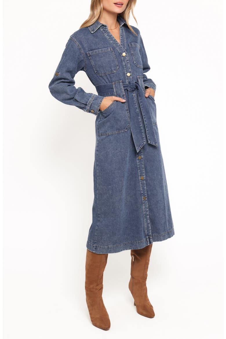 Ballina Tie Waist Long Sleeve Denim Midi Dress, Alternate, color, BLUE DENIM