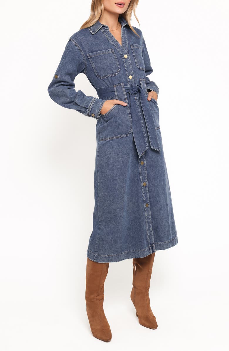 Petal & Pup Ballina Tie Waist Long Sleeve Denim Midi Dress, Alternate, color, Blue Denim