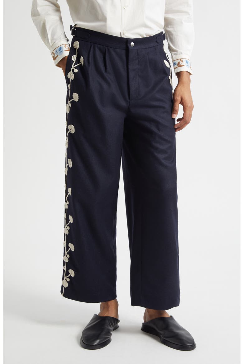 Snowdrop Appliqué Wool Blend Trousers, Main, color, NAVY
