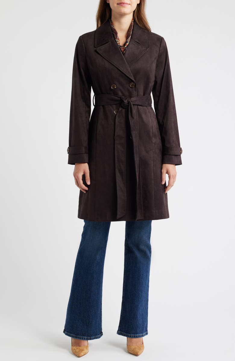 Tahari ASL Faux Suede Trench Coat, Main, color, Espresso