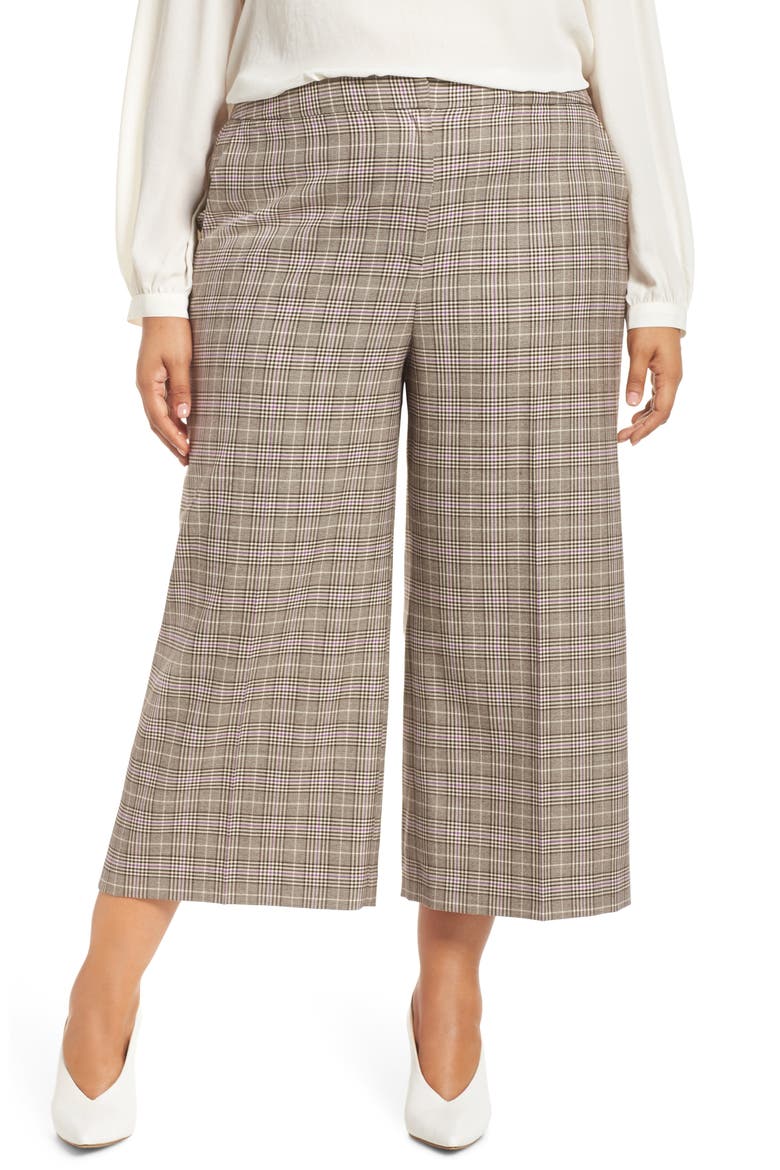 Plaid Wide Leg Crop Pants, Main, color, BROWN- PURPLE CHECK