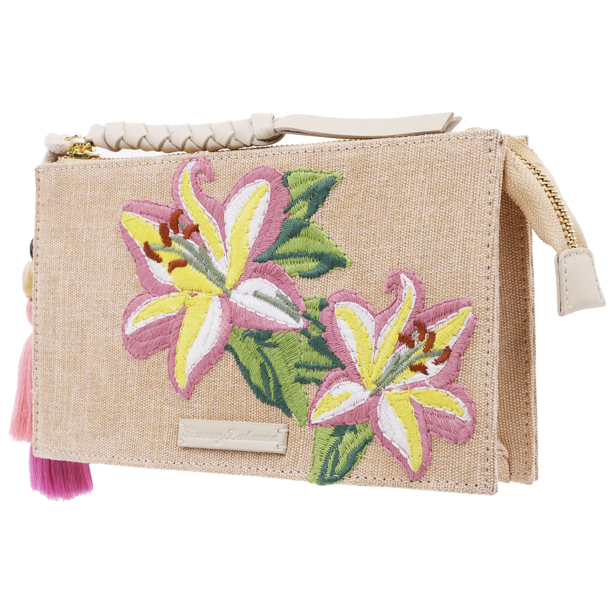 Tommy Bahama Zip Top Embroidered Floral Clutch, Alternate, color, Pink