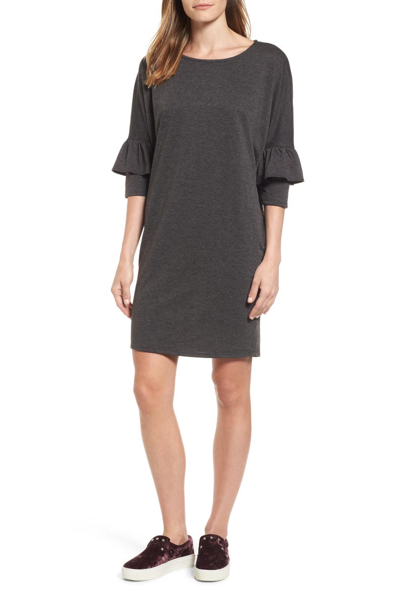 Ruffle Sleeve Tunic Dress, Main, color, BLACK