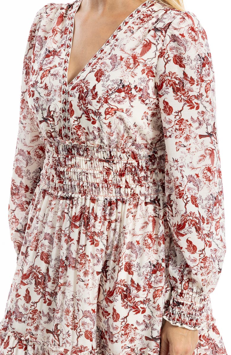 MAX STUDIO Long Sleeve Smocked Georgette Minidress, Alternate, color, Cream/Red Floral