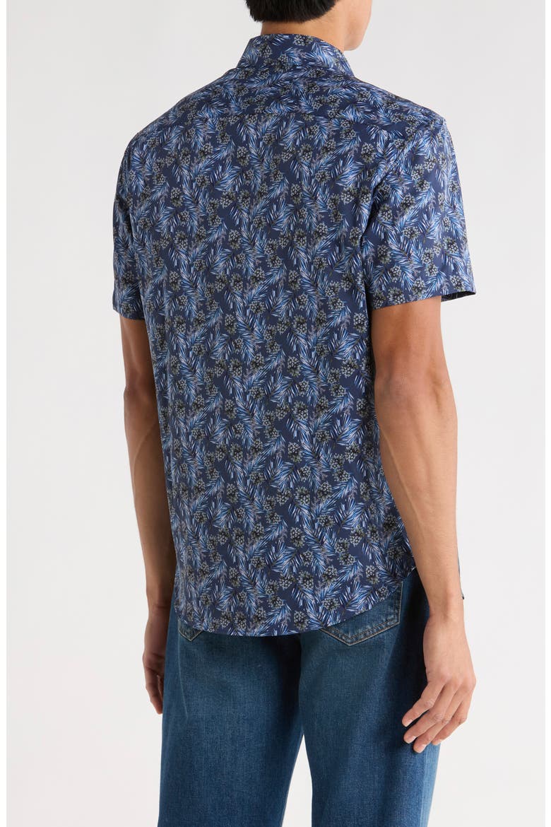 Slim Fit Pine Cone Print 4-Way Stretch Short Sleeve Shirt, Alternate, color, NAVY