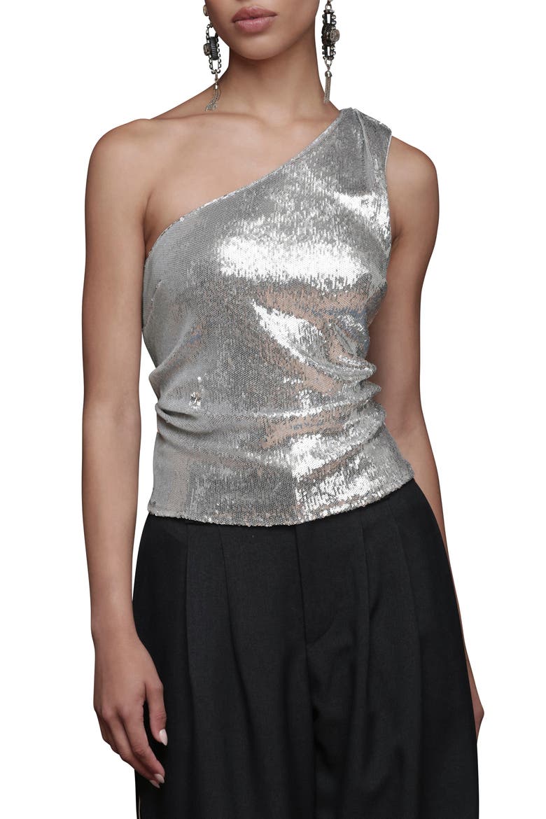 One-Shoulder Sequin Tank Top, Main, color, SILVER