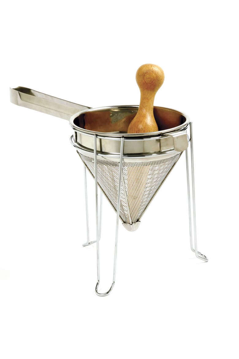 Stainless Steel Chinois with Chromed Steel Stand and Rubberwood Pestle, 3 Piece Set, Main, color, Silver