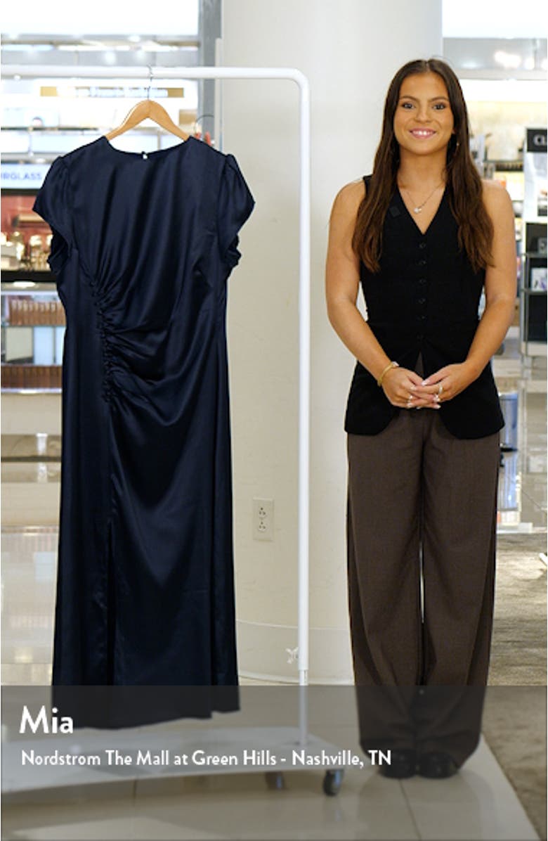 Lisbeth Ruched Satin Midi Dress, sales video thumbnail