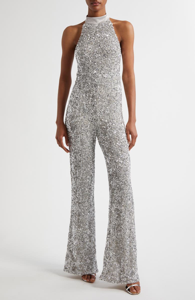 Alice + Olivia Cataline Sequin Jumpsuit, Main, color, Silver